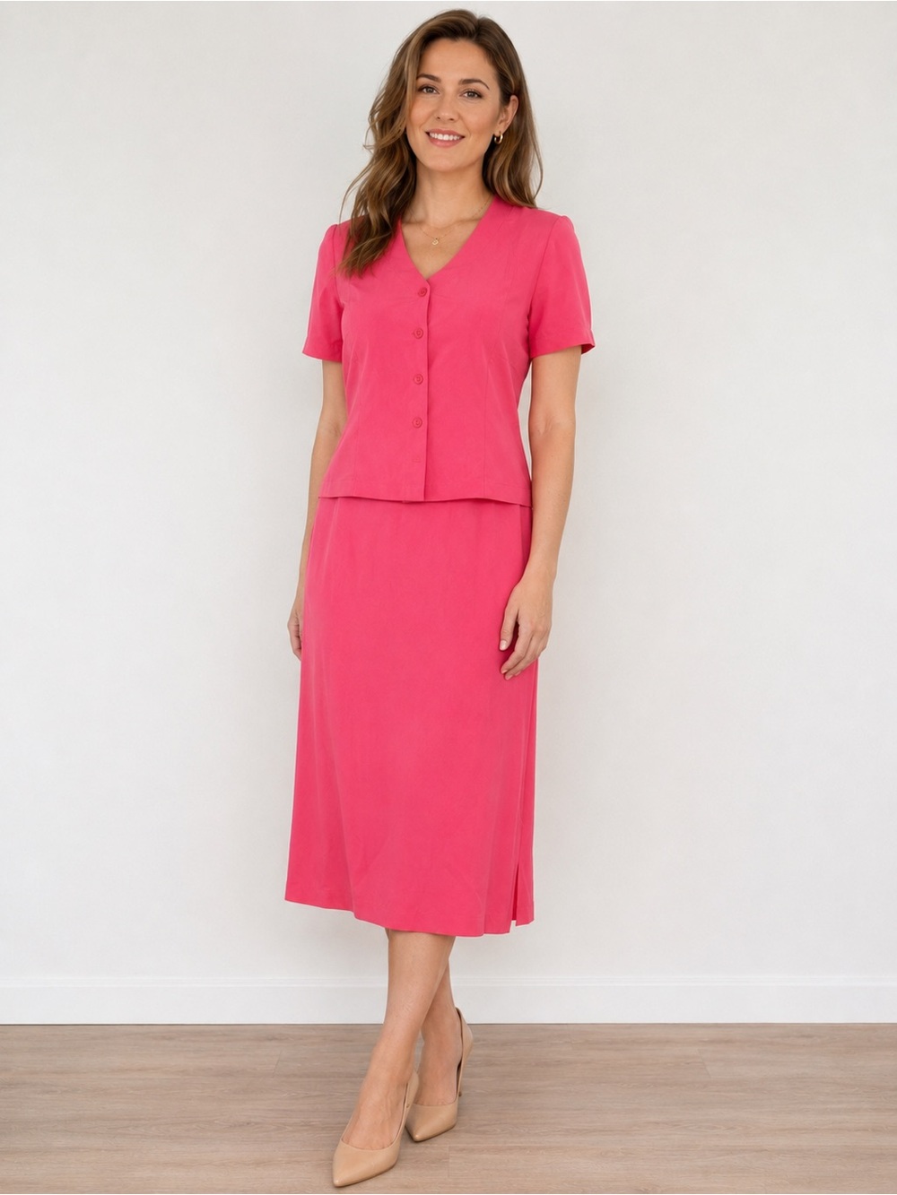 Vintage Women's Bright Pink Two-Piece Skirt Set